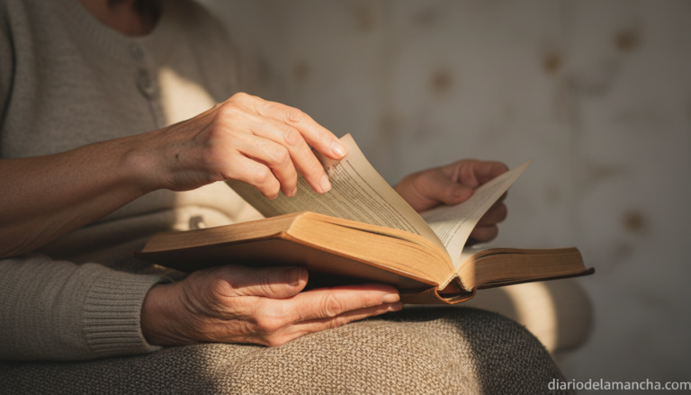 Manos jóvenes y mayores compartiendo la lectura de un libro en el Centro San Vicente de Paúl de Albacete