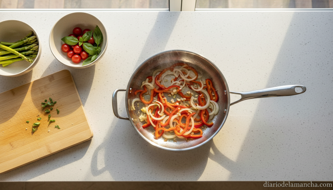 Sartén antiadherente de acero inoxidable salteando verduras frescas en una cocina moderna