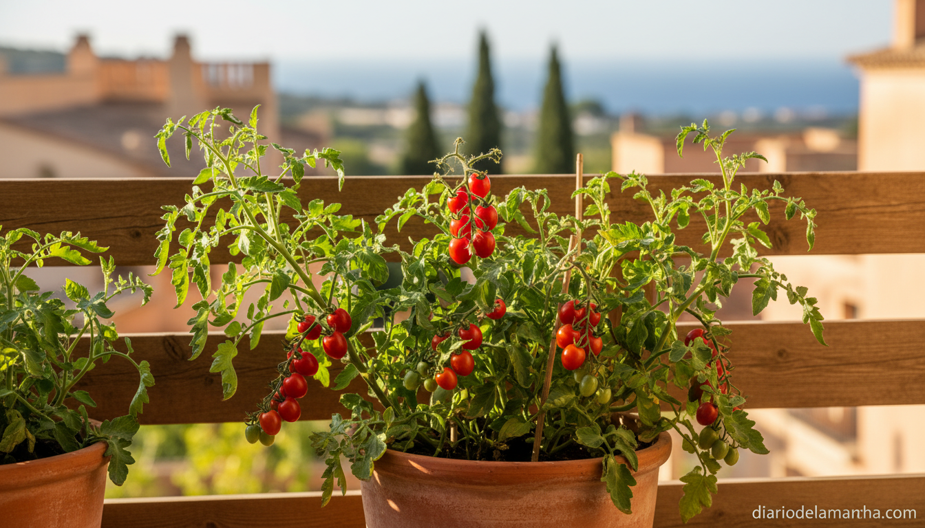 10 variedades de tomate ecológico en un set de semillas: ideal para jardín o balcón 1 Tomateras ecológicas creciendo en macetas de barro en un balcón soleado