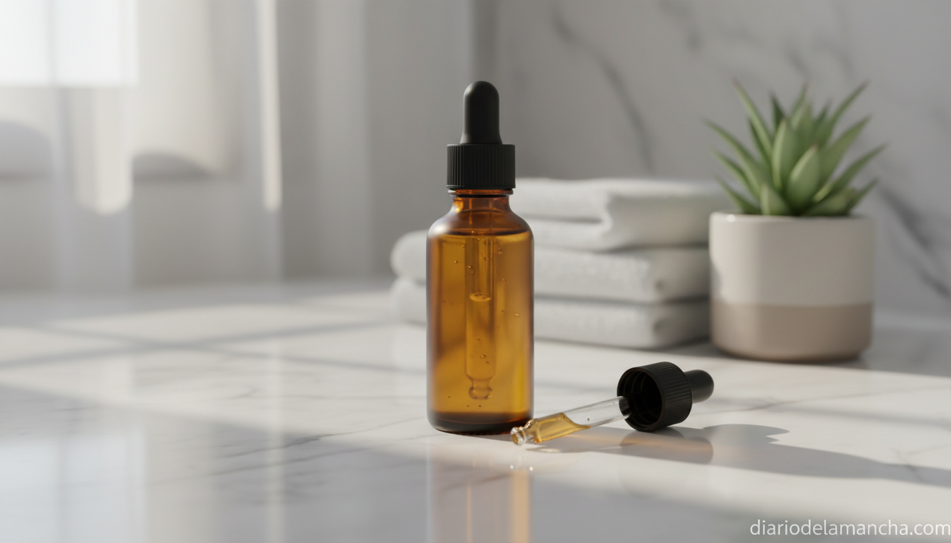 Sérum antimanchas en frasco gotero sobre encimera de mármol blanco con luz natural