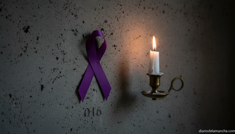 Lazo morado y vela encendida junto a la palabra 016, símbolo contra la violencia machista