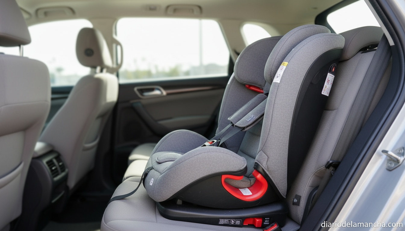 Tecnología y bienestar: Accesorios innovadores para una crianza segura y cómoda de tu bebé 1 Silla de coche infantil instalada en el asiento trasero de un coche familiar