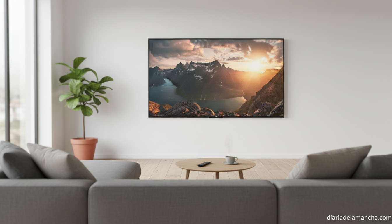 Salón moderno con Smart TV 4K de 65 pulgadas mostrando un paisaje vivo