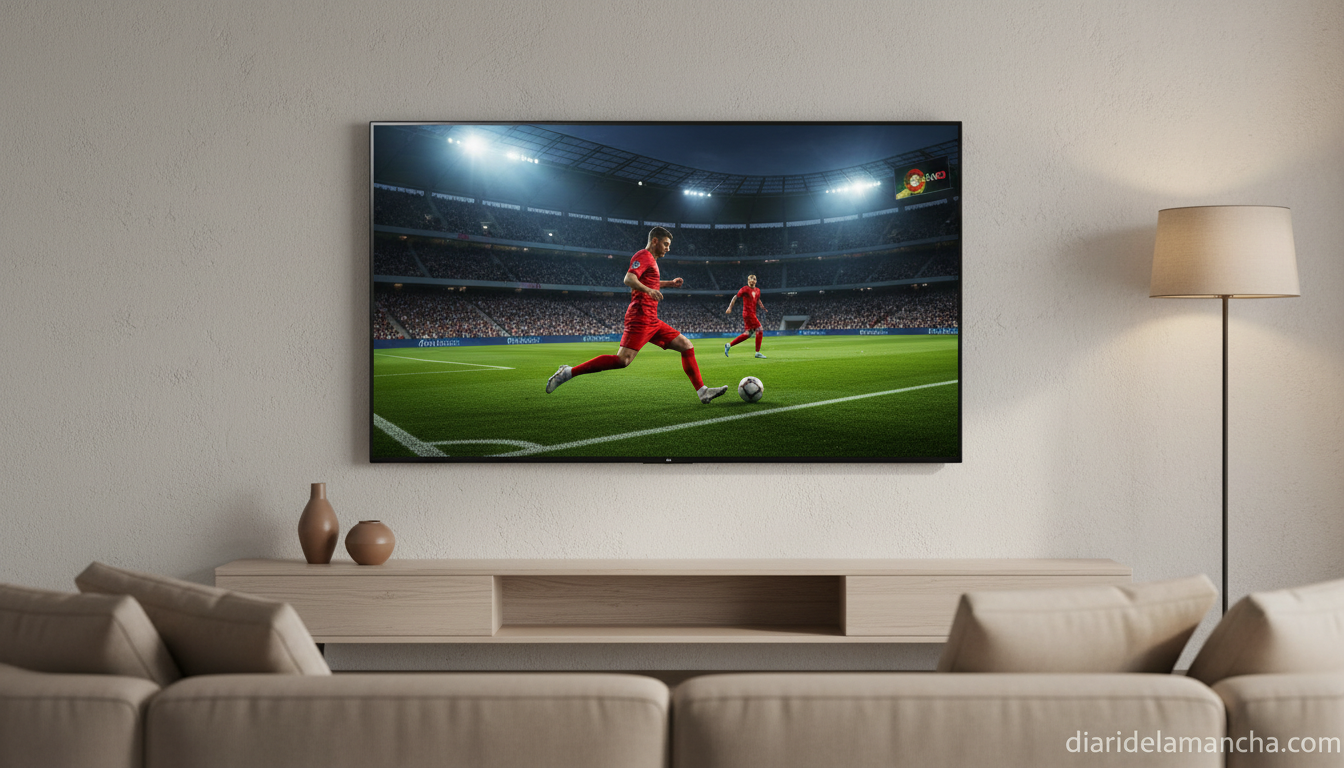 Smart TV LG QNED de 65 pulgadas en un salón moderno mostrando un partido de fútbol 4K