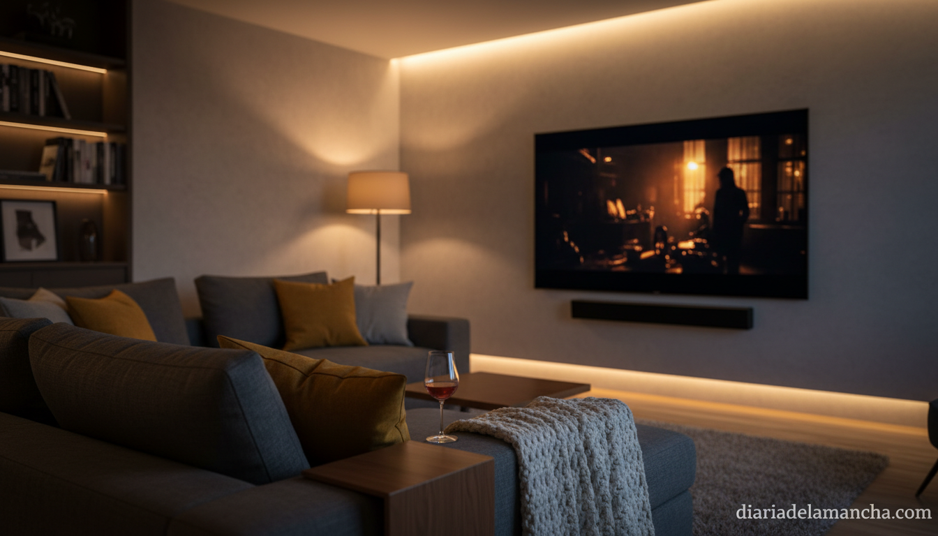Salón en penumbra con Smart TV mostrando una escena cinematográfica y barra de sonido
