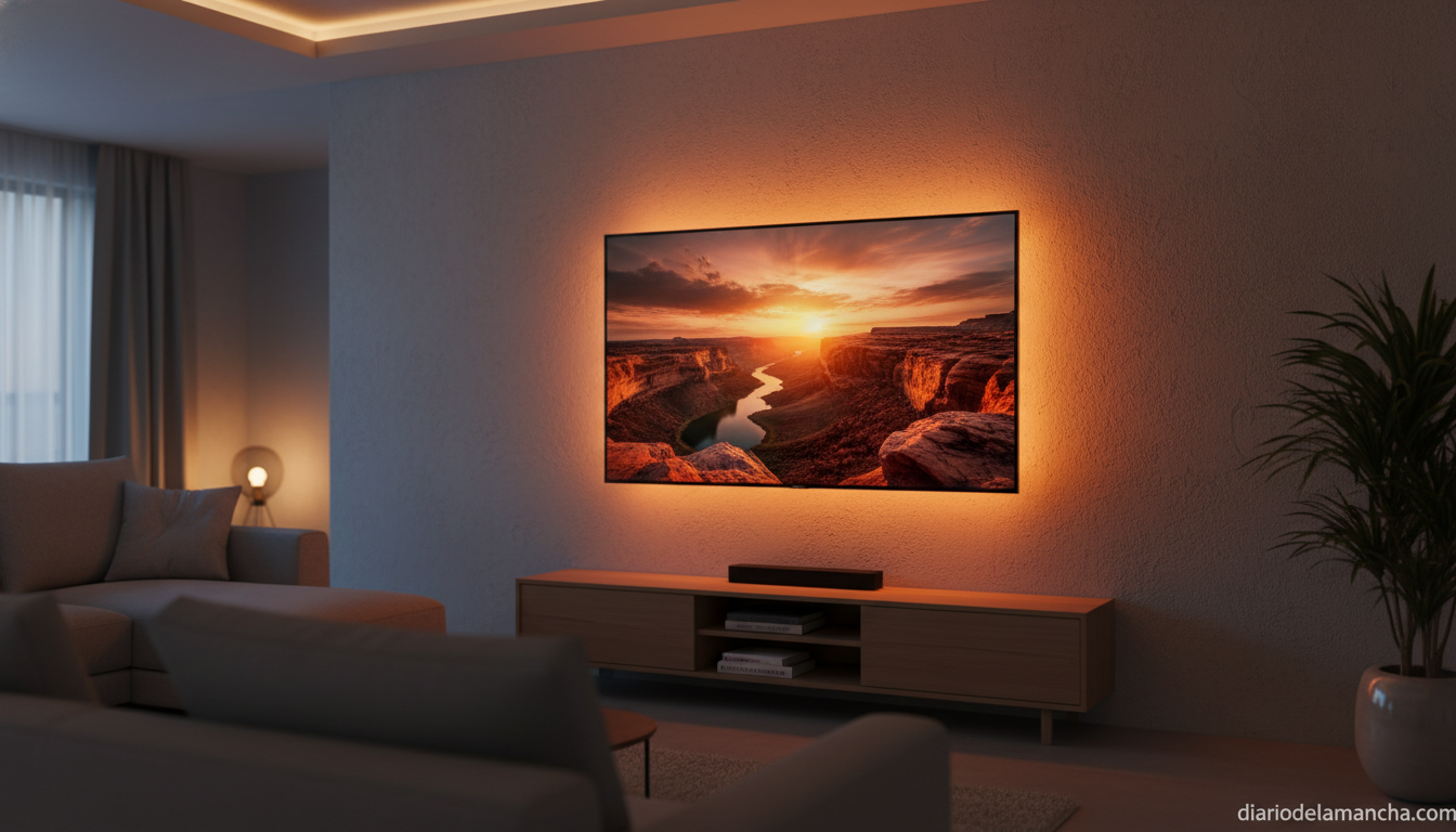 Smart TV Philips QLED 55 pulgadas con Ambilight en un salon moderno