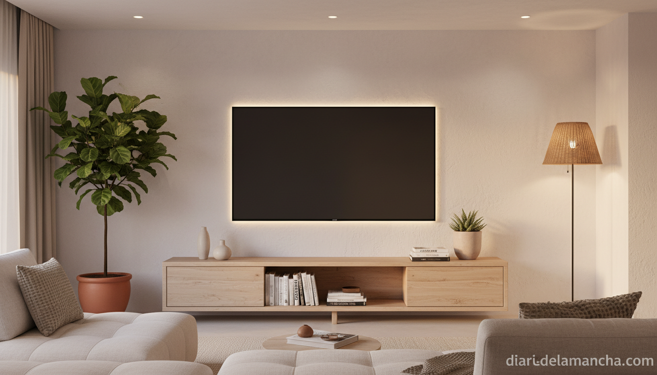 Smart TV TCL 75C9K de 75 pulgadas Mini-LED 4K instalada en pared de salón moderno