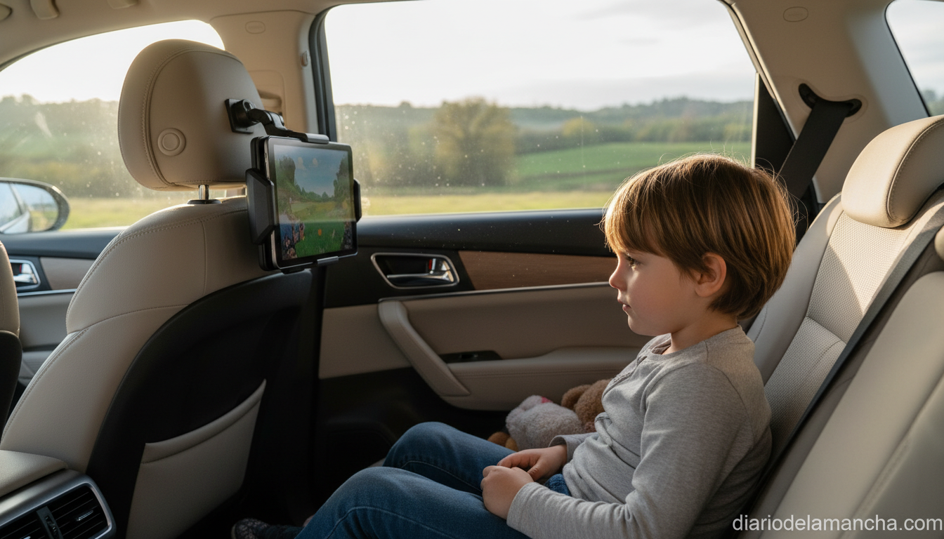 Niño en el asiento trasero del coche viendo una tablet sujeta al reposacabezas durante un viaje familiar