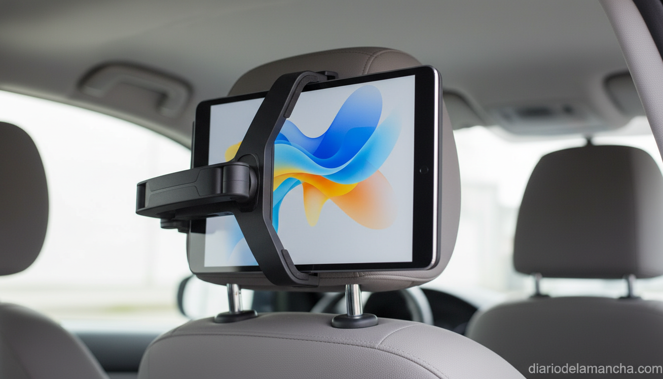 Soporte de tablet para coche instalado en el reposacabezas con una tablet de 10 pulgadas