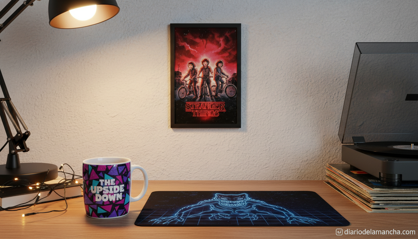 Merchandising personalizado de Stranger Things sobre escritorio con taza y alfombrilla