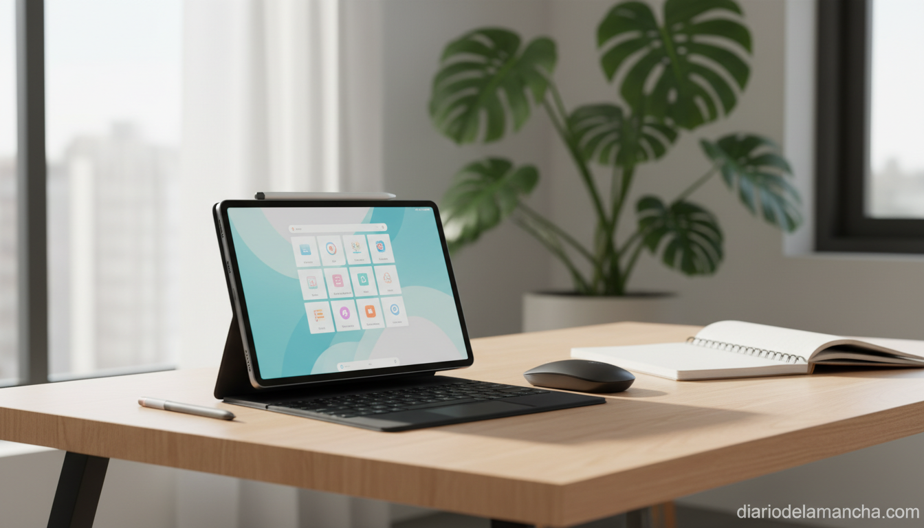 Tablet Tabwee T90 con teclado, ratón y stylus sobre escritorio en oficina luminosa