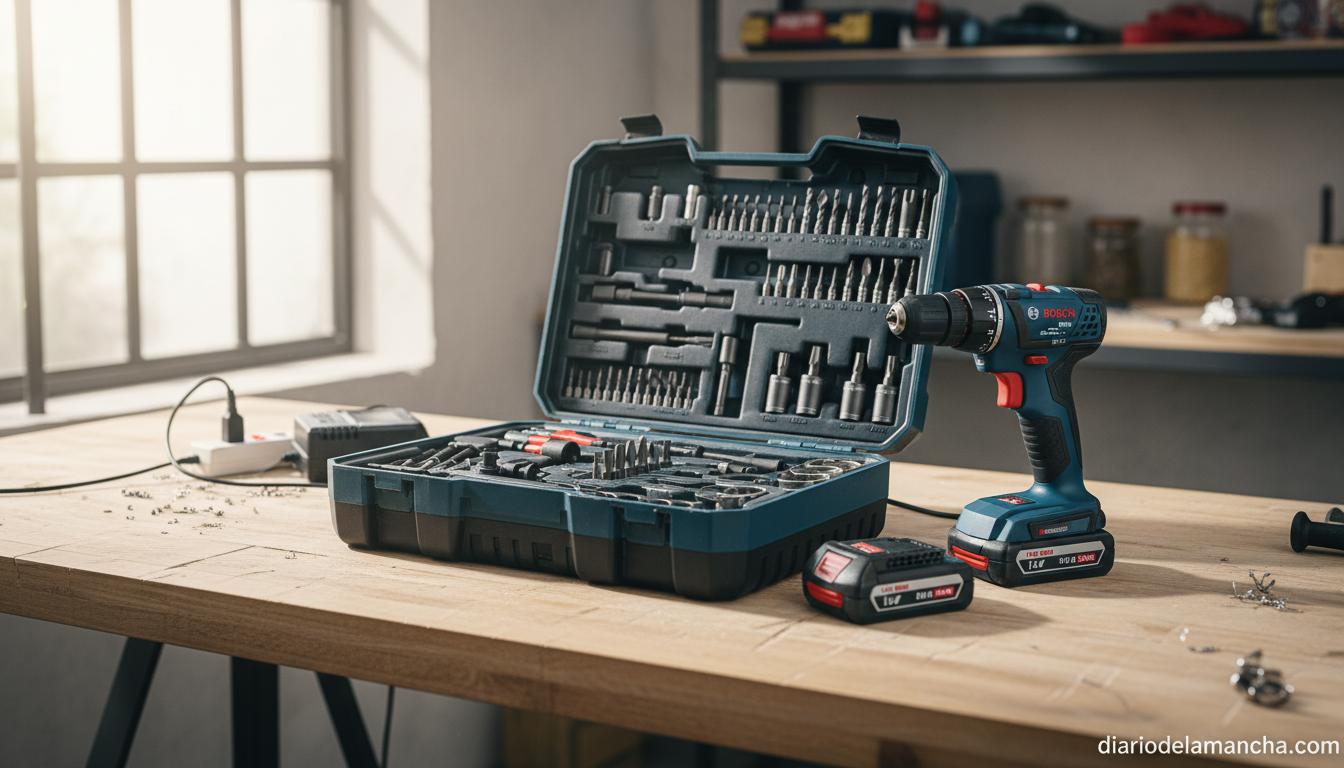 Kit Bosch EasyImpact con maletín abierto y 241 accesorios sobre mesa de taller