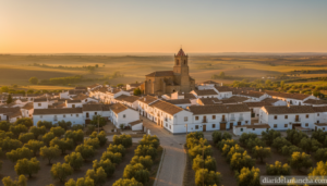 Vista del municipio de Tarazona de la Mancha al atardecer con casas blancas y torre tradicional