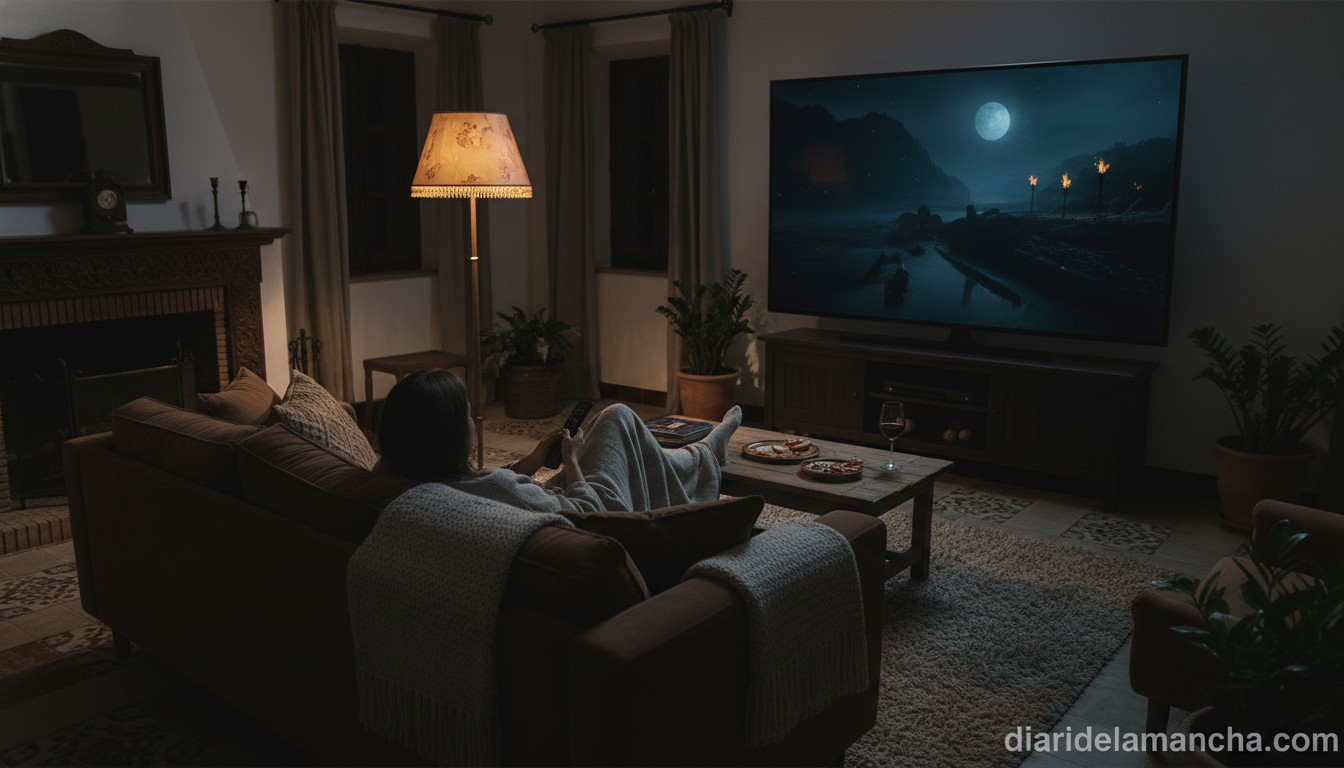 Persona viendo cine en casa con la Smart TV TCL 75C9K de 75 pulgadas en salón con iluminación cálida