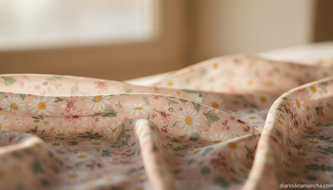 Detalle de tejido con estampado floral primaveral en tonos pastel