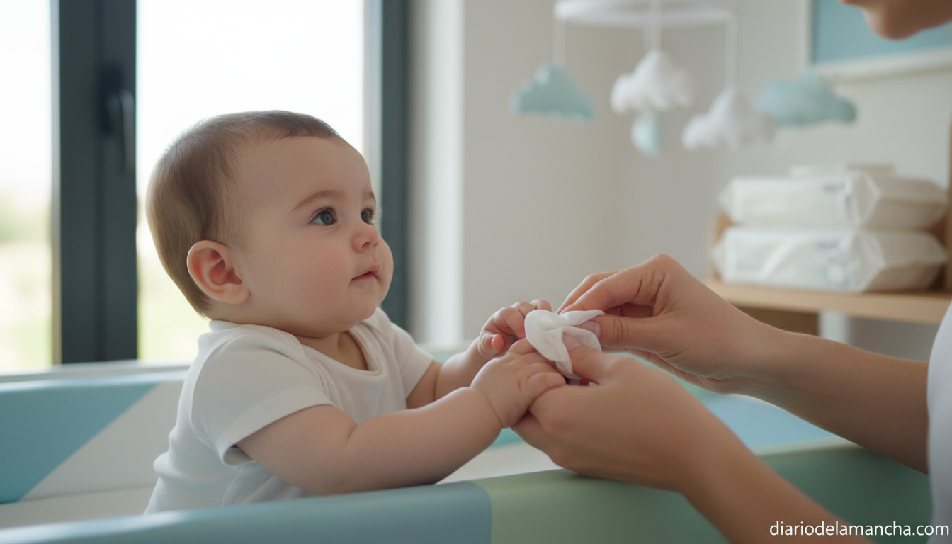 Madre limpiando suavemente las manos de su bebé con toallitas Dodot Pure Aqua en una habitación infantil iluminada