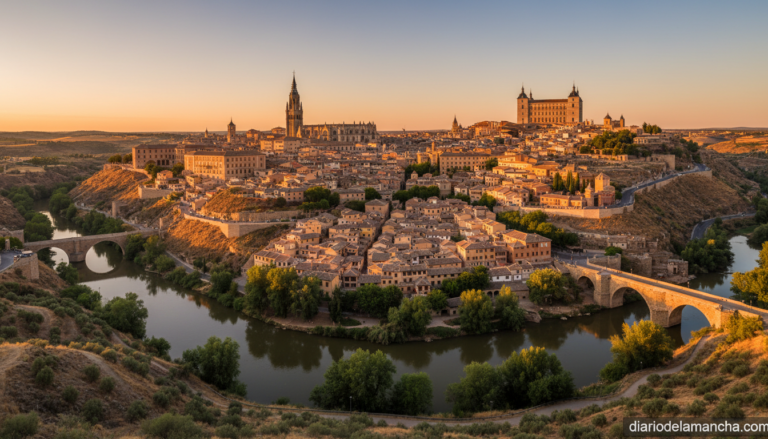 Vista panoramica de la ciudad de Toledo al atardecer con la catedral, el Alcazar y el rio Tajo