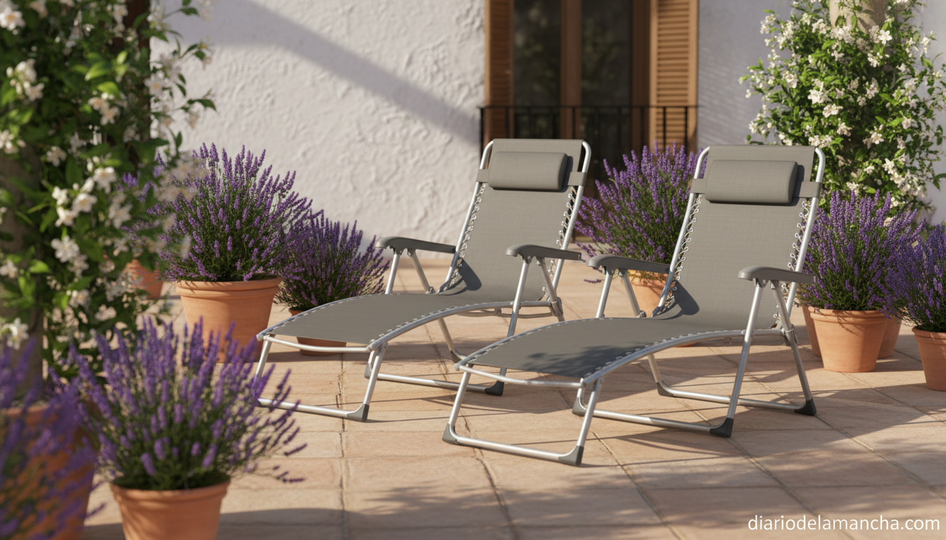 Tumbonas y sillas plegables de jardín en una terraza luminosa con plantas mediterráneas