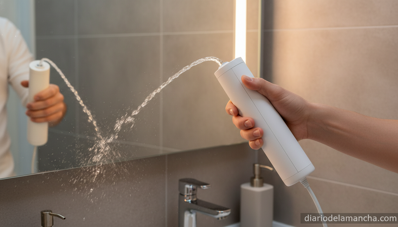 Persona usando un irrigador dental inalámbrico frente al espejo del baño, parte de la rutina de higiene bucodental diaria