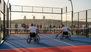 Pista de padel adaptado al aire libre en Campo de Criptana, La Mancha, con dos jugadores en silla de ruedas deportiva dura...