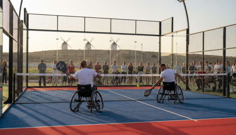 Pista de padel adaptado al aire libre en Campo de Criptana, La Mancha, con dos jugadores en silla de ruedas deportiva dura...
