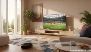 Salon con Smart TV Xiaomi 55 pulgadas y robot aspirador en escenario domestico