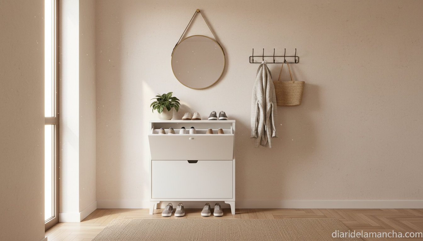 Zapatero blanco IKEA Stall colocado en recibidor pequeño con zapatos organizados en un compartimento abierto