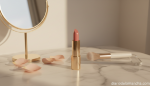 Labial nude rosado 3INA The Longwear Lipstick 503 sobre tocador de mármol