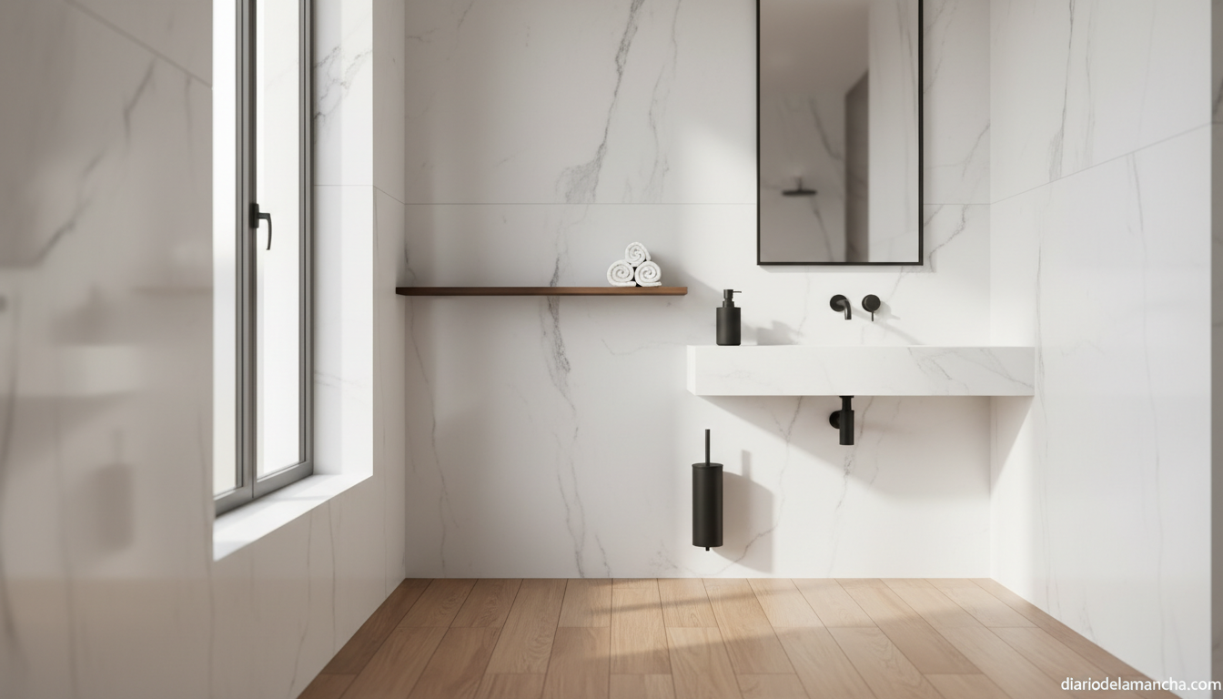 Accesorios de baño en negro mate sobre baño moderno con paredes de mármol blanco