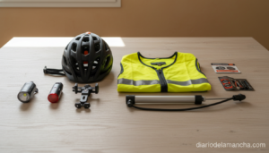 Accesorios de seguridad para ciclistas: casco, chaleco reflectante y luces