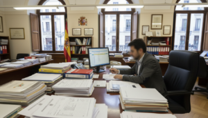 Spanish administrative office with educational documents and forms on a desk, teacher reviewing vacancy list, government b...