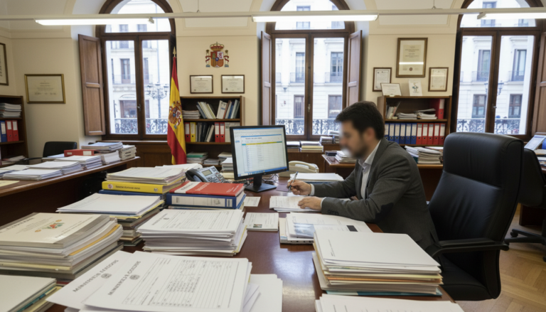 Spanish administrative office with educational documents and forms on a desk, teacher reviewing vacancy list, government b...