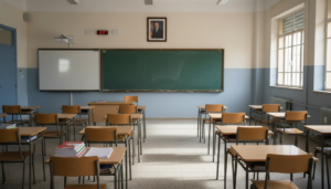 Aula de colegio público español vacía con pupitres ordenados, pizarra al fondo, luz natural entrando por ventanas. Ambient...
