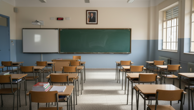 Aula de colegio público español vacía con pupitres ordenados, pizarra al fondo, luz natural entrando por ventanas. Ambient...