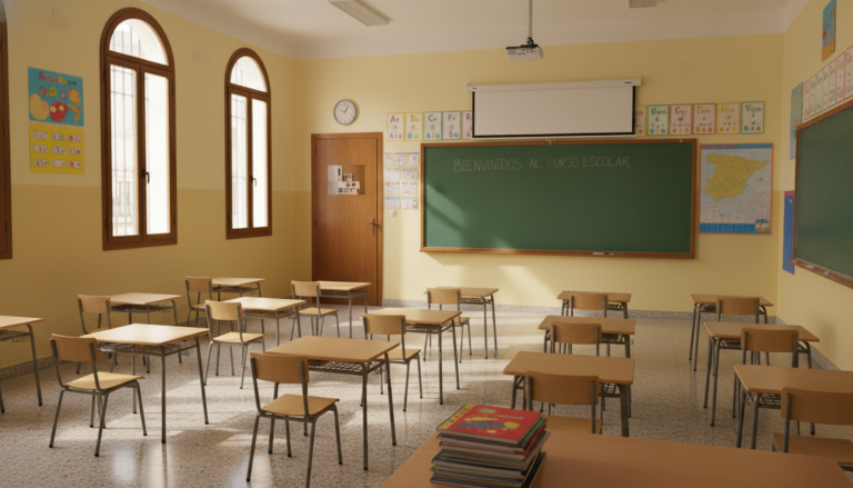 Aula escolar de educación primaria en España con pupitres vacíos y pizarra, luz natural, ambiente institucional educativo,...