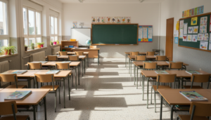 Aula de colegio de primaria en España, sillas y pupitres ordenados, luz natural, sin alumnos ni caras visibles, ambiente a...