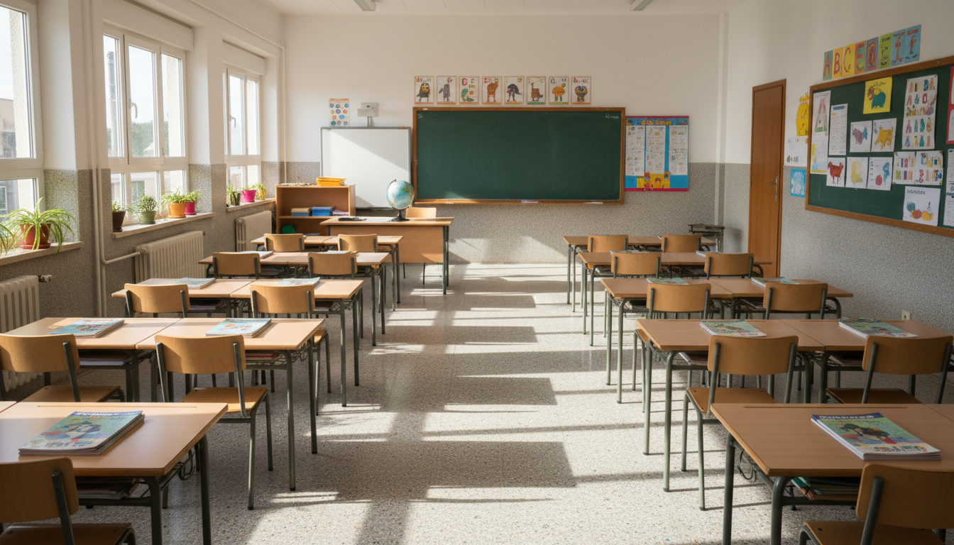 Aula de colegio de primaria en España, sillas y pupitres ordenados, luz natural, sin alumnos ni caras visibles, ambiente a...