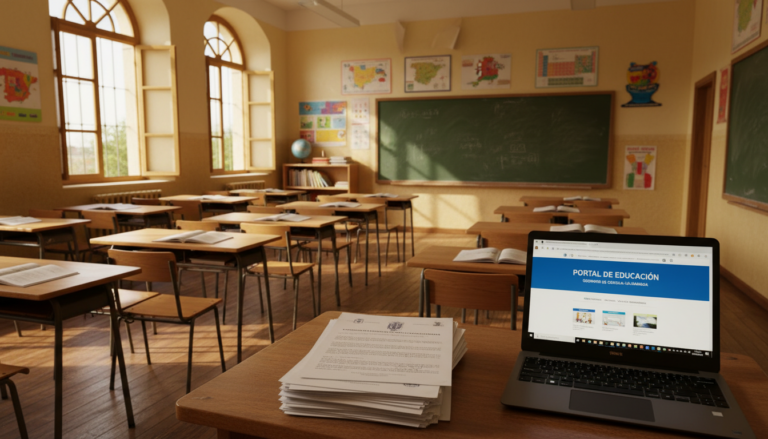 Empty primary school classroom with wooden desks, blackboard and natural light through windows. Educational administrative...