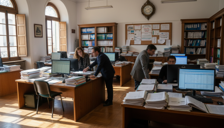 Sala administrativa con escritorios y documentos oficiales, funcionarios revisando listados en ordenador, ambiente de ofic...