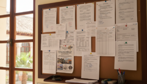 Tablón de anuncios escolar con documentos administrativos y convocatorias, ambiente de sala de profesores en colegio españ...