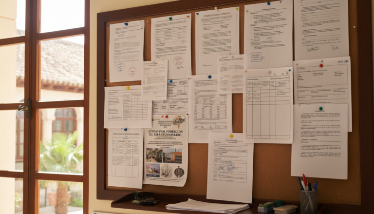 Tablón de anuncios escolar con documentos administrativos y convocatorias, ambiente de sala de profesores en colegio españ...