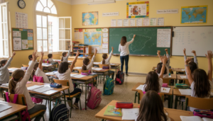 Classroom in a Spanish public school with students raising hands, teacher at the board, bright natural light, educational ...