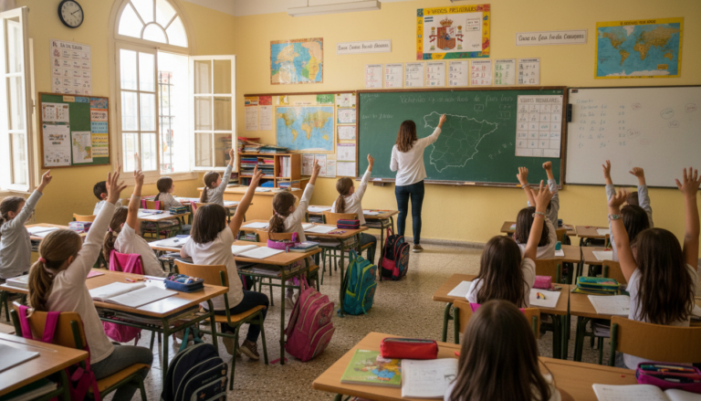 Classroom in a Spanish public school with students raising hands, teacher at the board, bright natural light, educational ...