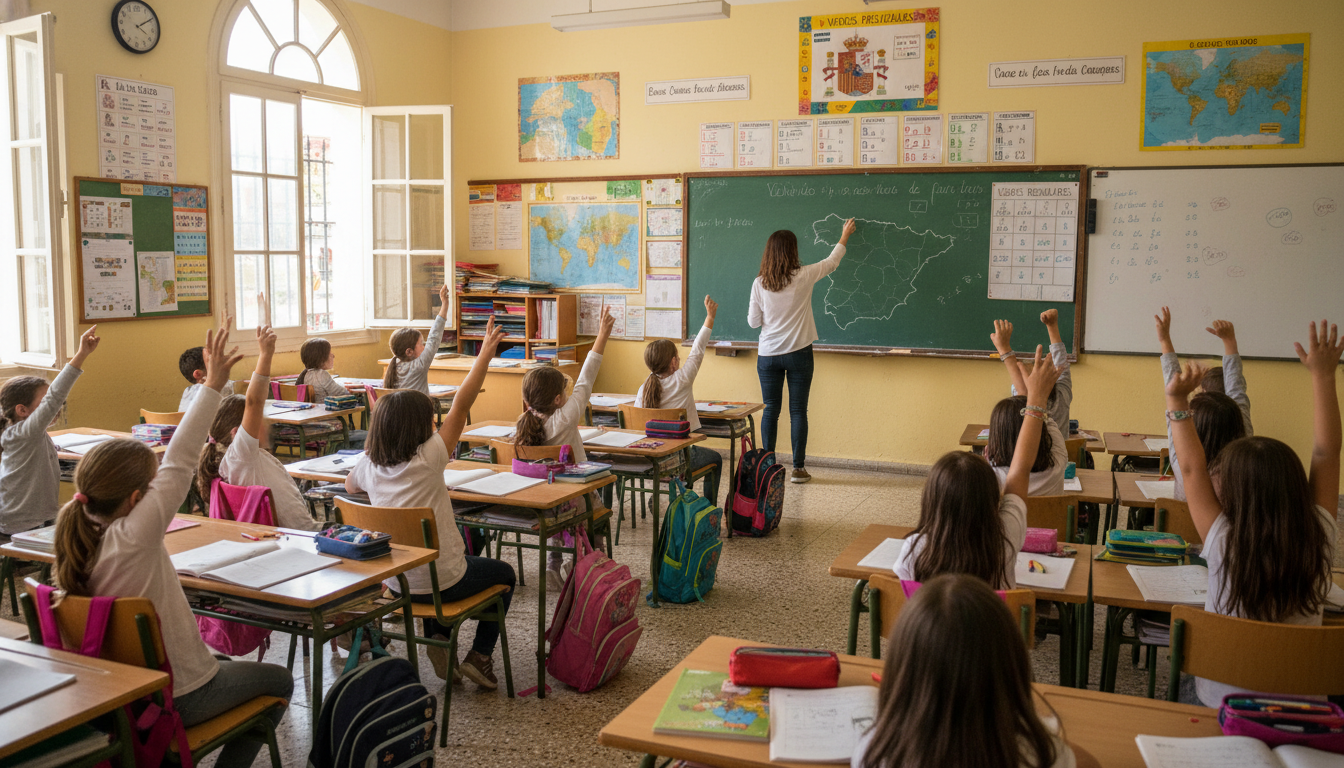 Classroom in a Spanish public school with students raising hands, teacher at the board, bright natural light, educational ...