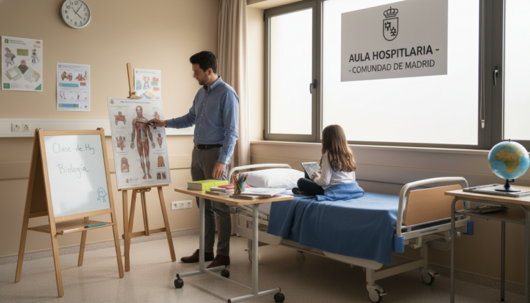 Aula hospitalaria en España: un docente trabaja con materiales educativos junto a una cama de hospital, ambiente cálido y ...