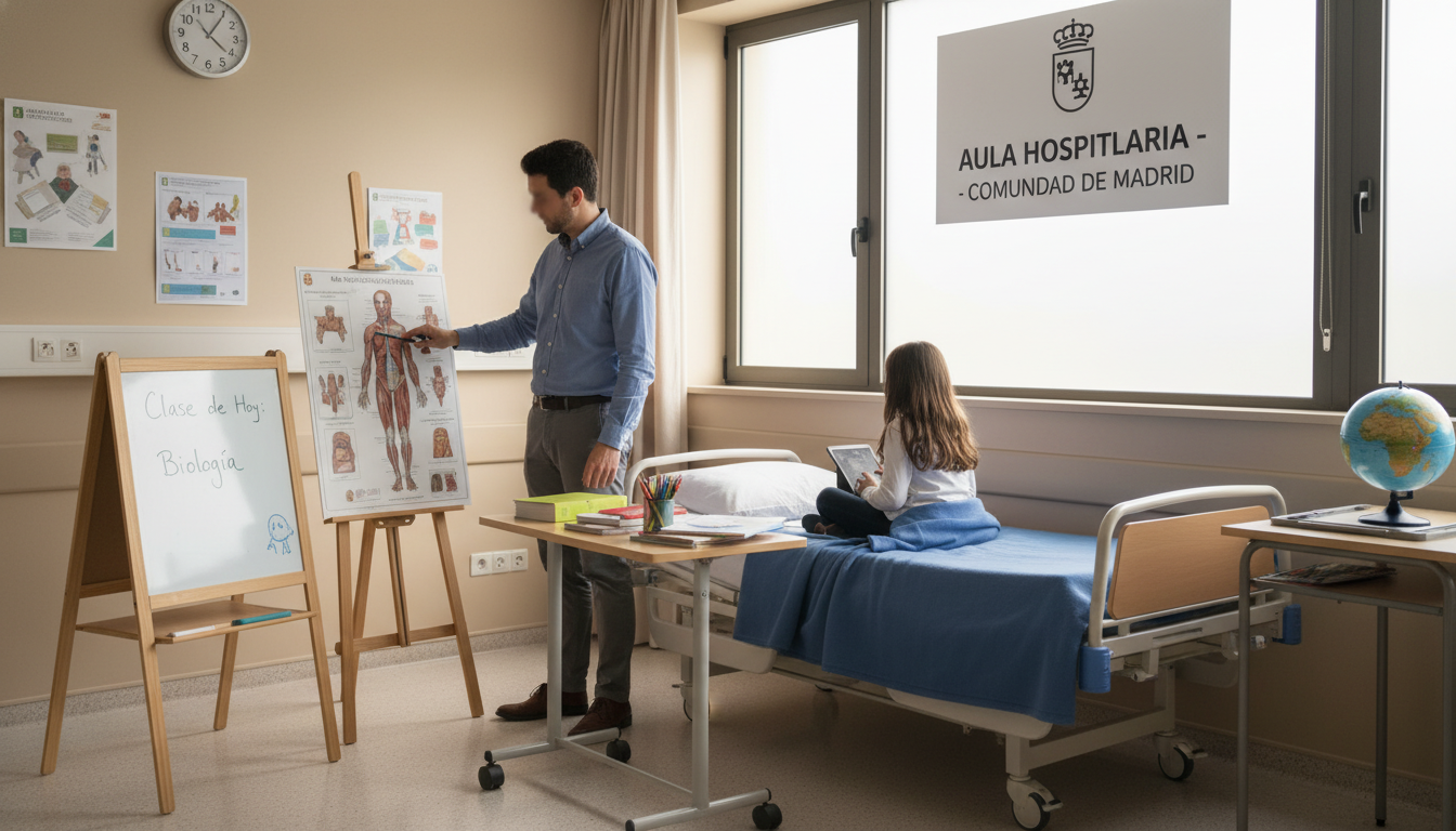 Aula hospitalaria en España: un docente trabaja con materiales educativos junto a una cama de hospital, ambiente cálido y ...
