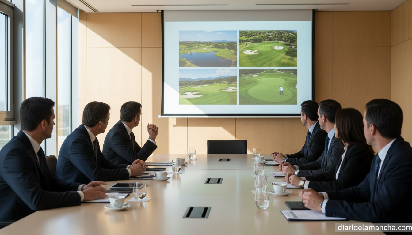 Business meeting about golf course management, professionals gathered around a conference table with golf course images on...