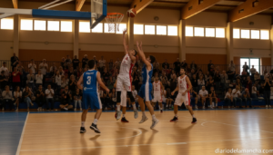Basketball game moment in a Spanish municipal sports pavilion, players in action on the court during a regional championsh...