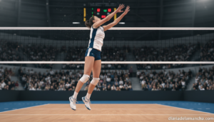 Tall female volleyball player in action, blocking at the net during an indoor volleyball match. sports photography, indoor...