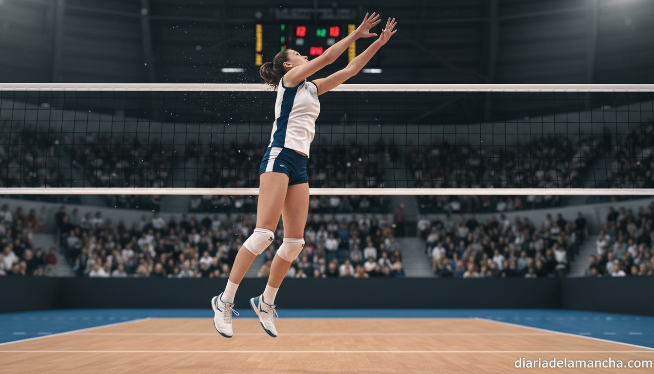 Tall female volleyball player in action, blocking at the net during an indoor volleyball match. sports photography, indoor...